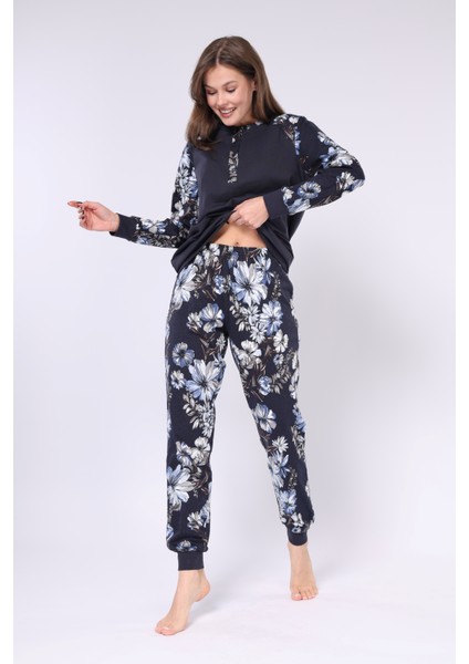 Çiçek Desenli - Düğmeli Patlı Yaka - Uzun Kollu - Kadın Pijama Takım modelleri