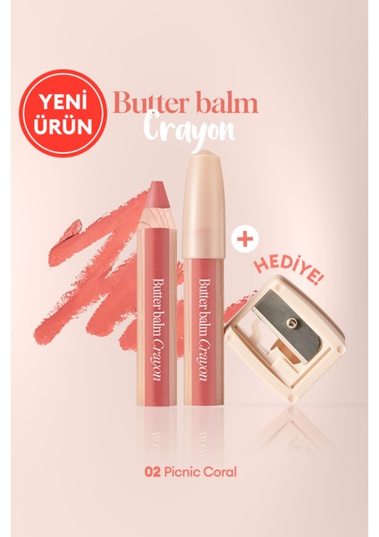 Kremsi, Kalem Şeklinde Renkli Dudak Balmı & Kalemtıraş CLIO Butter Balm Crayon 002 Picnic Coral