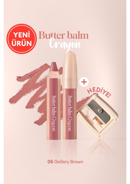 Kremsi, Kalem Şeklinde Renkli Dudak Balmı & Kalemtıraş CLIO Butter Balm Crayon 005 Gallery Brown