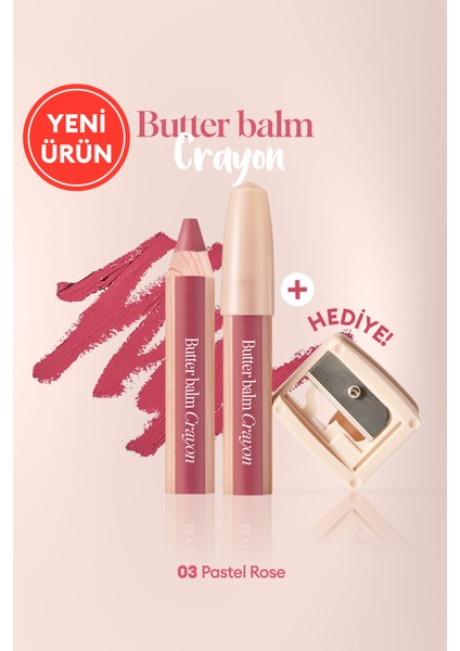 Kremsi, Kalem Şeklinde Renkli Dudak Balmı & Kalemtıraş CLIO Butter Balm Crayon 003 Pastel Rose