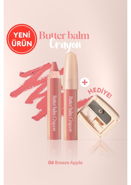 Kremsi, Kalem Şeklinde Renkli Dudak Balmı & Kalemtıraş CLIO Butter Balm Crayon 006 Breeze Apple