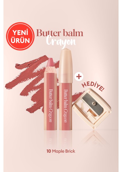 Kremsi, Kalem Şeklinde Renkli Dudak Balmı & Kalemtıraş CLIO Butter Balm Crayon 010 Maple Brick