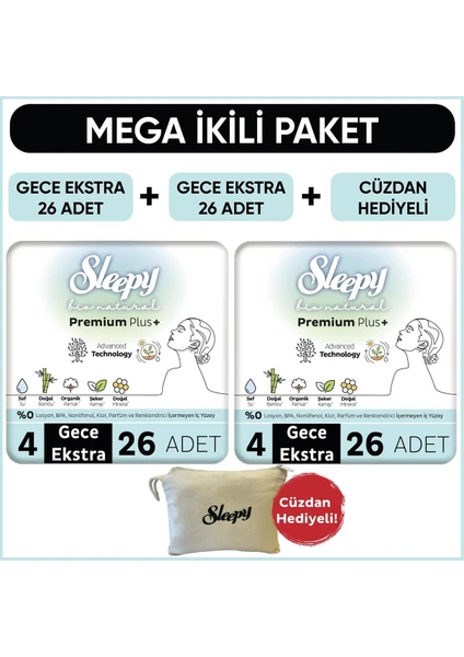 Bio Natural Premium Plus Hijyenik Ped Mega Paket Gece Extra 26 x 2 (52 Adet)