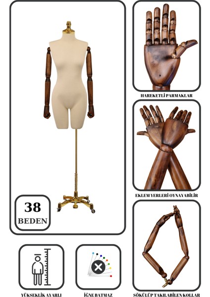 Lüks Gold Ayaklı Pantolon Giyebilen 38 Beden Ahşap Kollu Terzi Mankeni Vitrin Mankeni