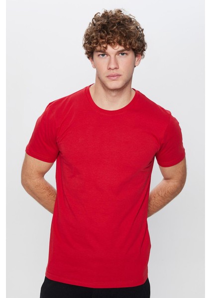 Unisex Slim Fit Dar Kesim %100 Pamuk Yumuşak Dokulu Kırmızı Bisiklet Yaka Tişört