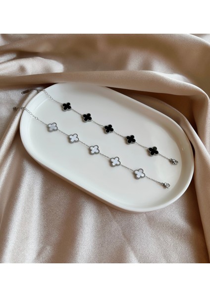 Dört Yapraklı Yonca Beyaz-Silver Çelik Bileklik modelleri