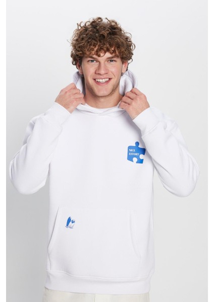 Unisex Oversize Geniş Kesim Pamuklu Yumuşak Dokulu İçi Polarlı Baskılı Beyaz Kapüşonlu Sweatshirt