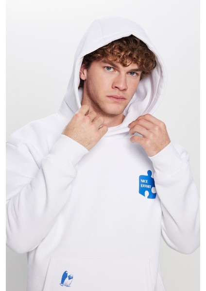 Unisex Oversize Geniş Kesim Pamuklu Yumuşak Dokulu İçi Polarlı Baskılı Beyaz Kapüşonlu Sweatshirt fiyatları