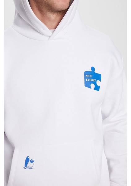 Unisex Oversize Geniş Kesim Pamuklu Yumuşak Dokulu İçi Polarlı Baskılı Beyaz Kapüşonlu Sweatshirt modelleri