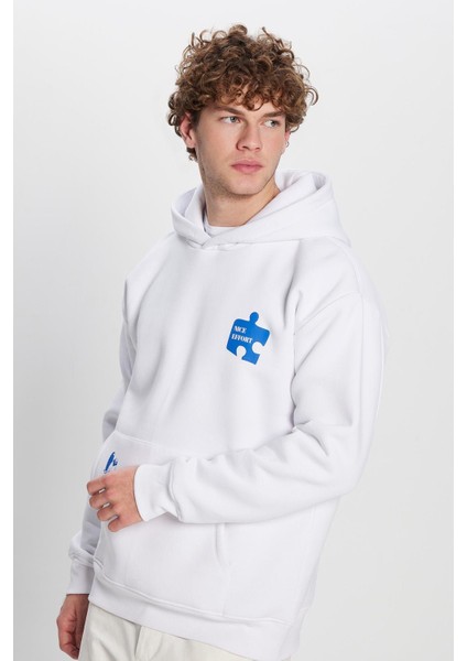 Unisex Oversize Geniş Kesim Pamuklu Yumuşak Dokulu İçi Polarlı Baskılı Beyaz Kapüşonlu Sweatshirt fırsatları