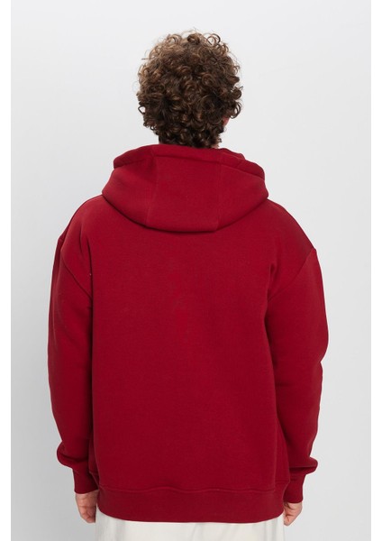 Oversize Geniş Kesim Pamuklu Yumuşak Dokulu Içi Polarlı Baskılı Bordo Kapüşonlu Sweatshirt