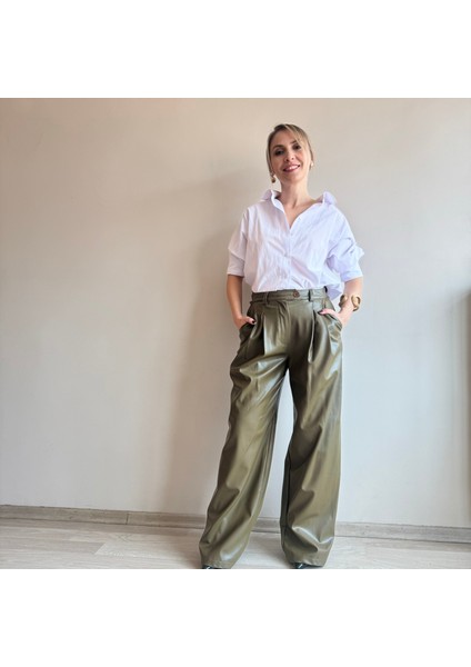Zeytin Yeşili Bol Kesim Deri Pantolon Pileli fiyatları