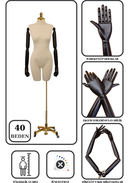 Lüks Gold Ayaklı Pantolon Giyebilen 40 Beden Ahşap Kollu Terzi Vitrin Mankeni