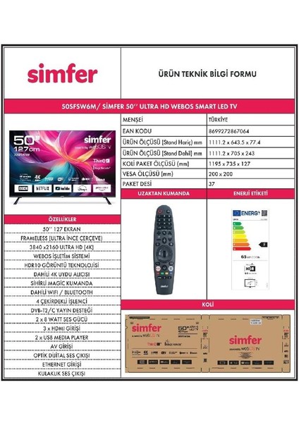 50SFSW6M 50" 127 Ekran 4K Ultra HD Uydu Alıcılı LCD Tv