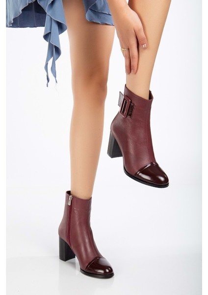 Kadın Deri Tokalı Rugan Detaylı Topuklu Bot - Bordo Rugan fiyatları