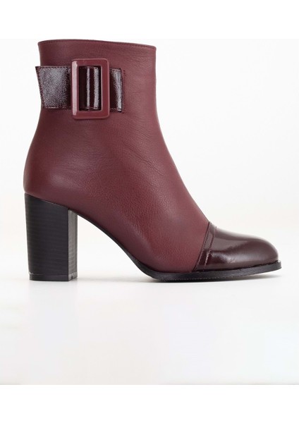 Kadın Deri Tokalı Rugan Detaylı Topuklu Bot - Bordo Rugan modelleri