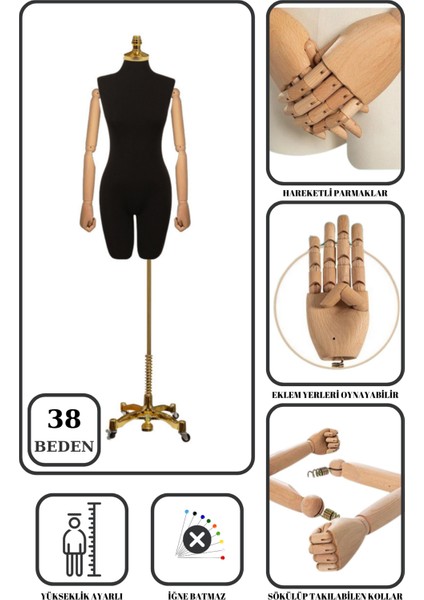 Lüks Gold Ayaklı Pantolon Giyebilen 36 Beden Ahşap Kollu Terzi Mankeni Vitrin Mankeni
