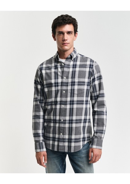 Erkek Gri Regular Fit Düğmeli Yaka Kareli Gömlek 3240198.92