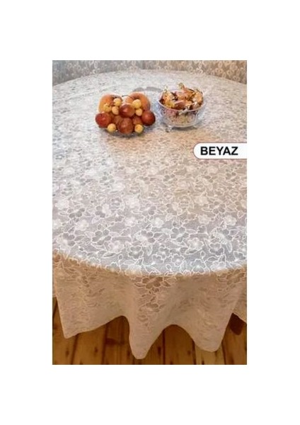 Yuvarlak Dantel Görünümlü Pvc Muşamba Mutfak Masa Örtüsü Sıvı Geçirmez Silinebilir / Ebat: 152 cm .beyaz fırsatları