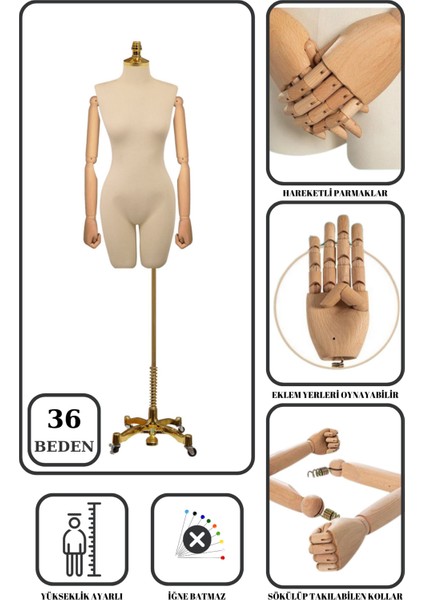 Lüks Gold Ayaklı Pantolon Giyebilen 36 Beden Ahşap Kollu Terzi Mankeni Vitrin Mankeni