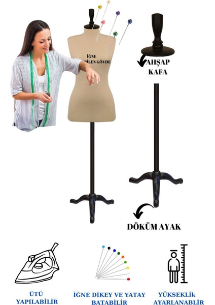 Döküm Ayaklı 44 Beden Sünger Iğne Batabilen Terzi Mankeni Prova Mankeni