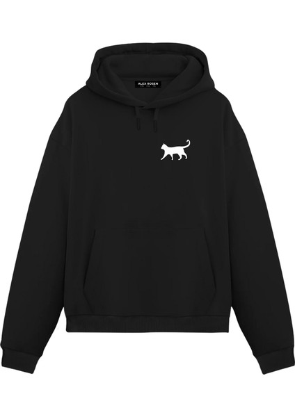 Unisex Siyah Minimal Baskılı Oversize Fit Pamuklu Kapüşonlu Sweatshirt