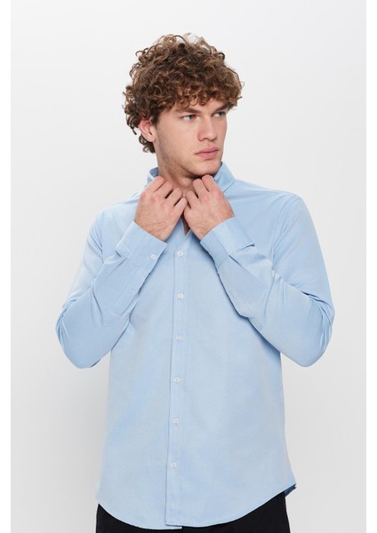 Slim Fit Düğmeli Yaka Pamuklu Kolay Ütü Düz Erkek Gömlek