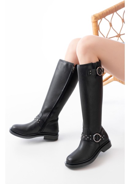 2024-3004 Siyah Toka Aksesuarlı Lastikli Fermuarlı Günlük Kadın Çizme modelleri