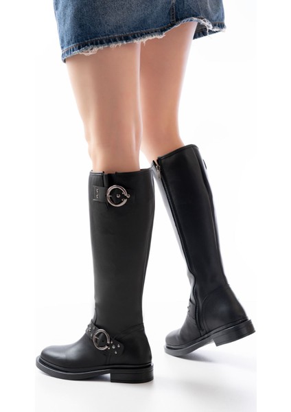 2024-3004 Siyah Toka Aksesuarlı Lastikli Fermuarlı Günlük Kadın Çizme fırsatları