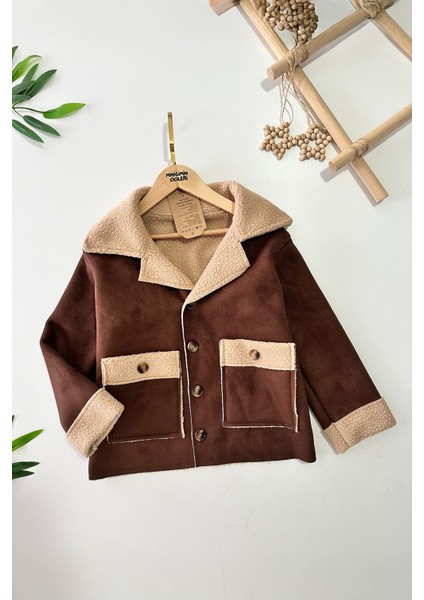 Unisex (6-13 Yaş) Kürklü Düğmeli süet ceket - Koyu Kahverengi