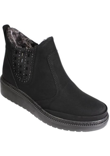 Kadın Siyah Mat Cilt Bağcıksız Yandan Fermuarlı Yanı Taşlı Içi Kürklü 4cm Kalın Düz Taban Bot