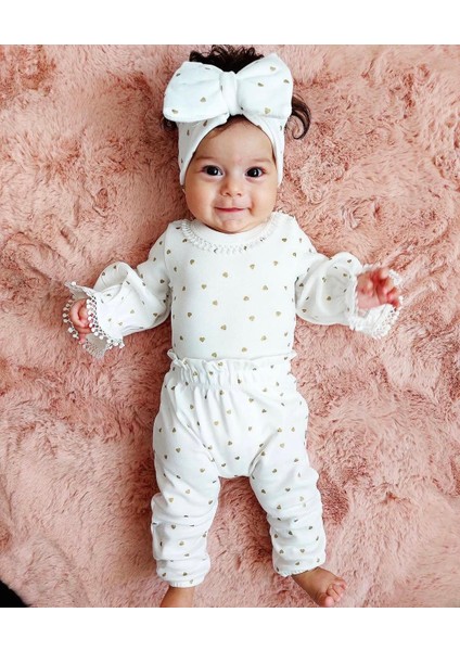Aria Gold Kalp Yaldızlı Kız Bebek Lüks %100 Pamuk Dantelli Bandanalı Body Pantolan Takım Yenidoğan fiyatları
