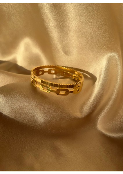 2li Zincir Desen Gold Çelik Kelepçe Bileklik