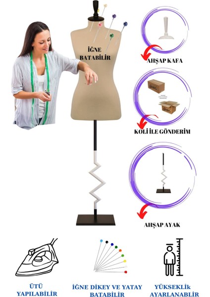 40 Beden Dekoratif Zig Zag Özel Ayaklı Sünger Iğne Batabilen Terzi Mankeni