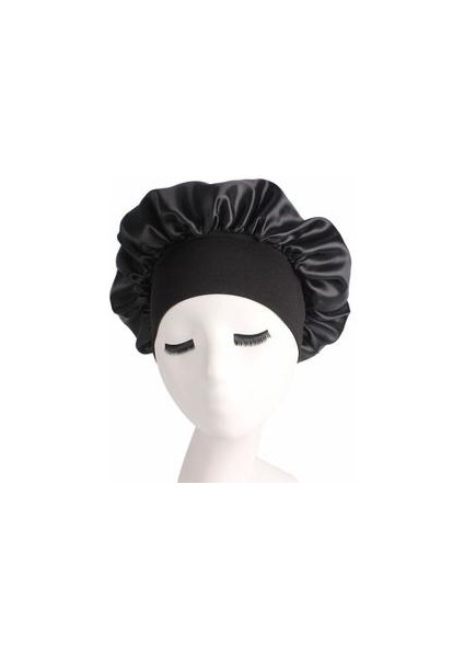 Ipek Gece Uyku Kap Saç Bonnet Şapka Kafa Kapak Saten Geniş Elastik Bant Ayarlamak (Siyah) (Yurt Dışından)
