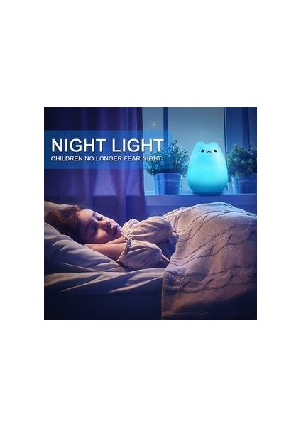 LED Gece Lambası, LED Kedi Gece Işık Silikon Bebek Gece Işık Taşınabilir Çocuk Gece Lambası 7 Renkler Gece Lambası ile Başucu Lambası USB Şarj Edilebilir Gece Lambası (Yurt Dışından)
