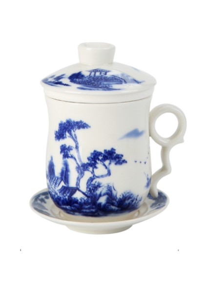 Mavi ve Beyaz Porselen Ofis Teacups Kapaklı Filtre Seramik El Boyalı Su Bardağı Ev Drinkware Hediyeler | Çay Bardakları (Mavi) (Yurt Dışından)