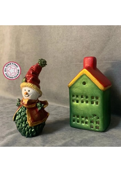 El Yapımı Kardan Adam Biblo ve Seramik Tealight Mumluk Seramik Ev Ikili Set