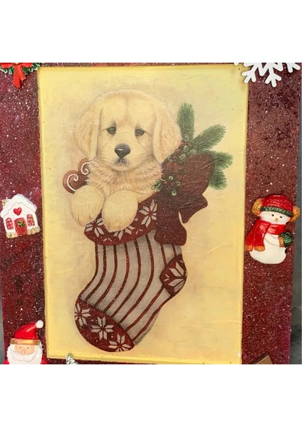 El Yapımı Sevimli Köpek Figürü Ahşap Yılbaşı Tablosu - 29 x 39 cm