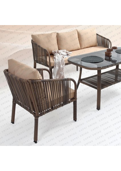 Capri Swing Artemis Üçlü Rattan Balkon Bahçe Takımı | Kahve