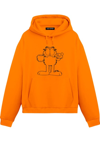 Garfield Baskılı Unisex Turuncu Oversize Fit Pamuklu Kapüşonlu Sweatshirt