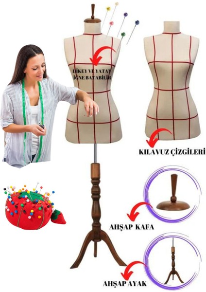 Kılavuz Çizgili 38 Beden Sünger Iğne Batabilen Keten Kumaş Terzi Mankeni Prova Mankeni