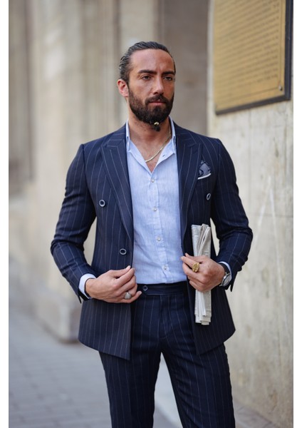 Sivri Yaka Kruvaze Slim Fit Takım Elbise
