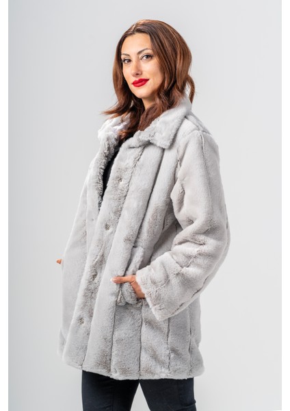 Gri Peluş Cepli Çıtçıt Düğmeli Dik Yaka Mont modelleri