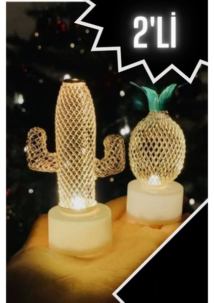 Pil Gold Metal Kaktüs ve Ananas Figür Mini Gece ve Masa Dekor Lambası LED Pilli