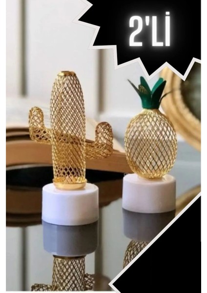 Pil Gold Metal Kaktüs ve Ananas Figür Mini Gece ve Masa Dekor Lambası LED Pilli