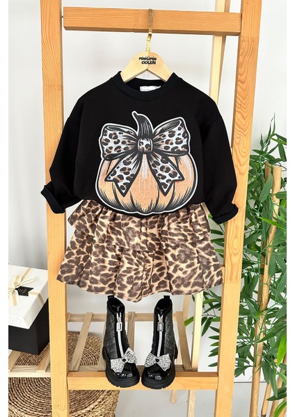 Kabak Baskılı Leopar Detaylı Kız Çocuk etekli takım - Siyah