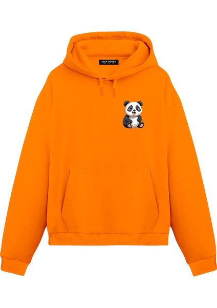 Panda Baskılı Unisex Turuncu Oversize Fit Pamuklu Kapüşonlu Sweatshirt