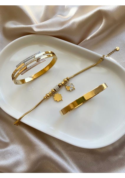 Zirkon Taş Detaylı Çizgi Gold Çelik Kelepçe Bileklik modelleri