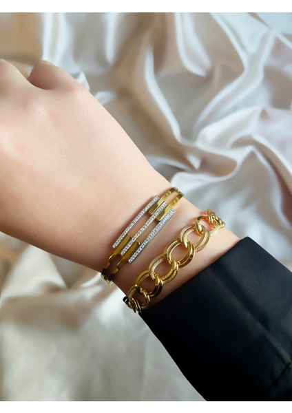 Zirkon Taş Detaylı Çizgi Gold Çelik Kelepçe Bileklik fırsatları